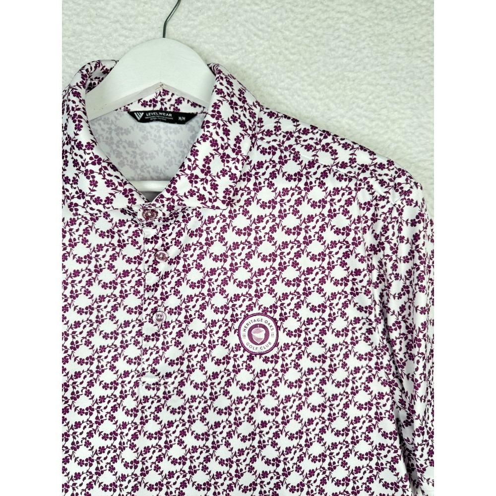 Levelwear Polo Shirt Mens M White Purple Ditsy Floral Heritage Oaks Golf